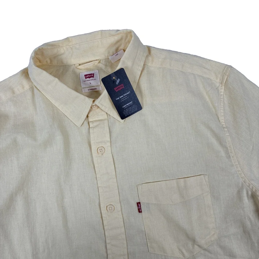 New Mens Levi's One Pocket Button Up Linen Blend Shirt Size Large Yellow NWT